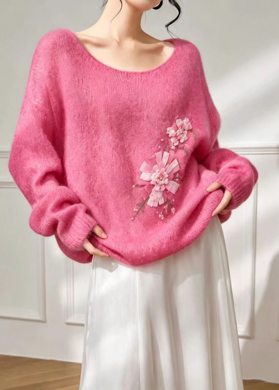 Beautiful Pink U Neck Nail Bead Floral Oversized Knitted Tops Fall