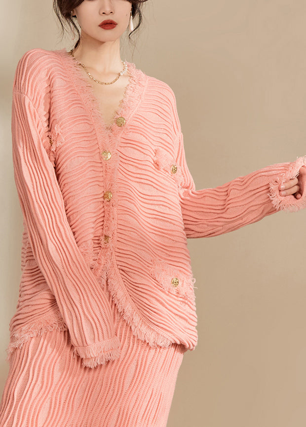 Beautiful Pink V Neck Button Tassel Knit Cardigan Fall