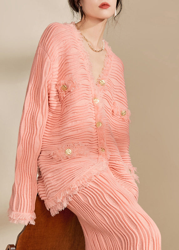 Beautiful Pink V Neck Button Tassel Knit Cardigan Fall