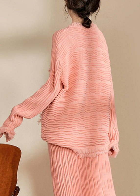 Beautiful Pink V Neck Button Tassel Knit Cardigan Fall