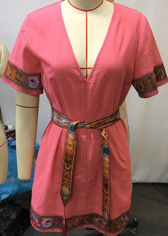 Beautiful Pink V Neck Lace Up Patchwork Cotton Mid Dresses Summer