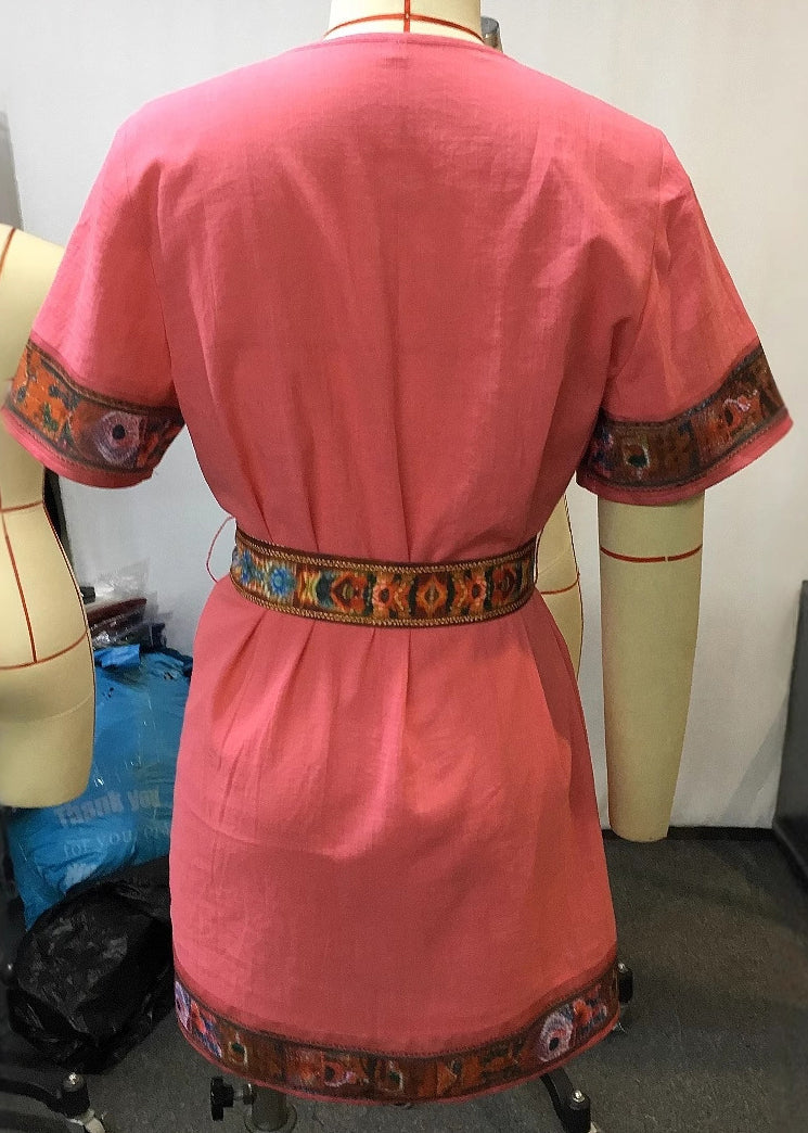 Beautiful Pink V Neck Lace Up Patchwork Cotton Mid Dresses Summer