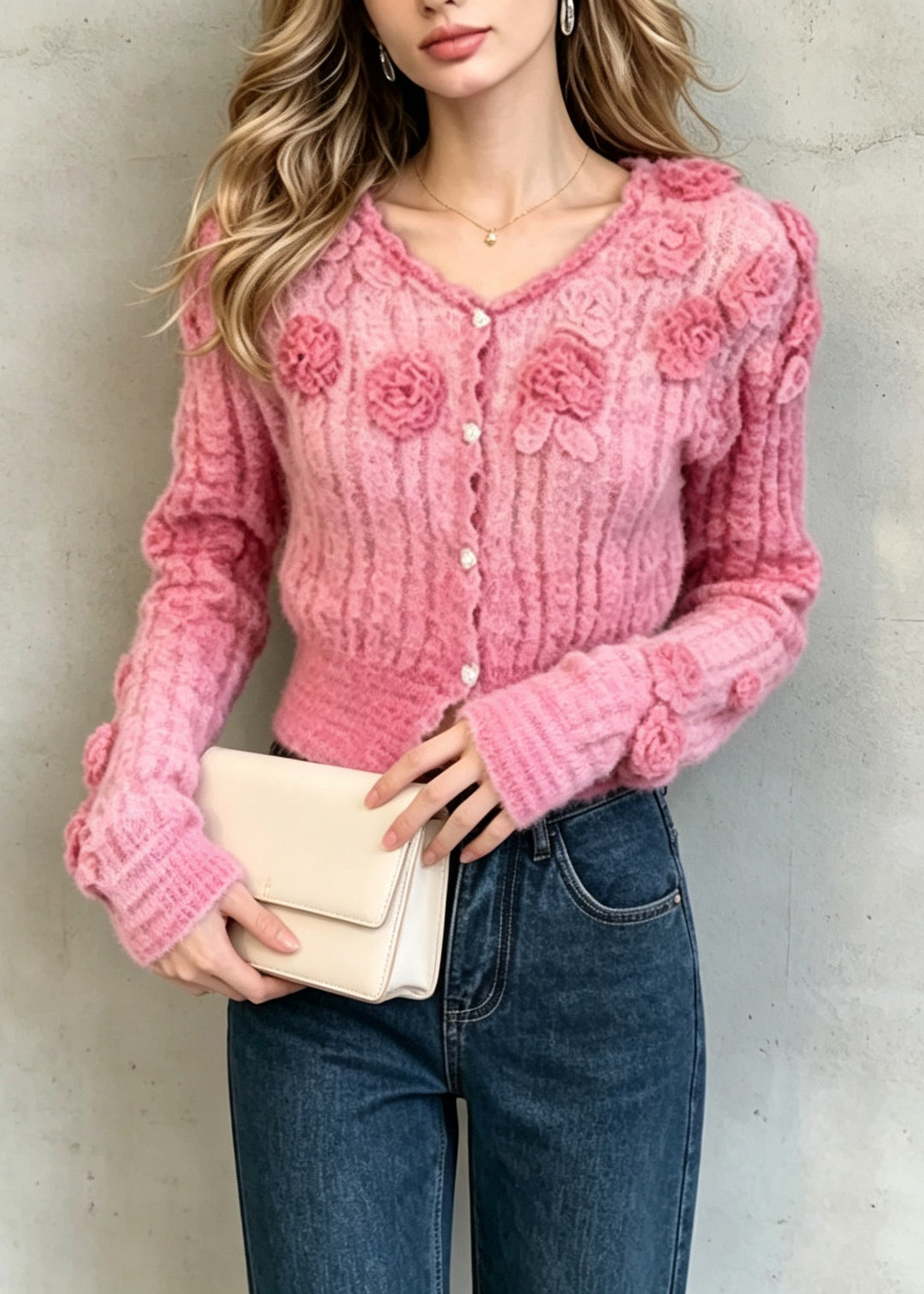 Beautiful Pink V Neck Sculptural Floral Knit Cardigan Fall