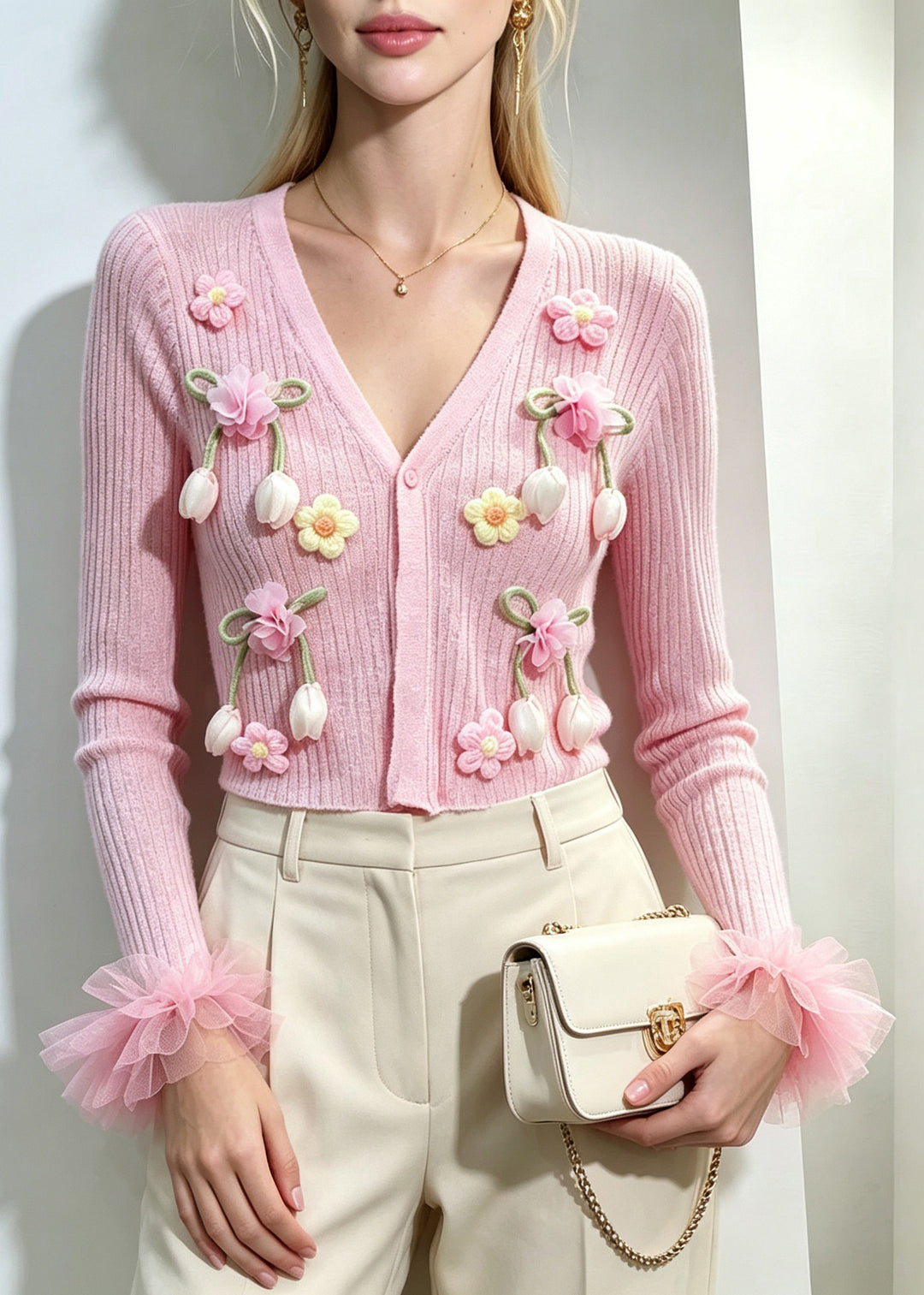 Beautiful Pink V Neck Sculptural Floral Tulle Cuffs Knit Cardigan Fall