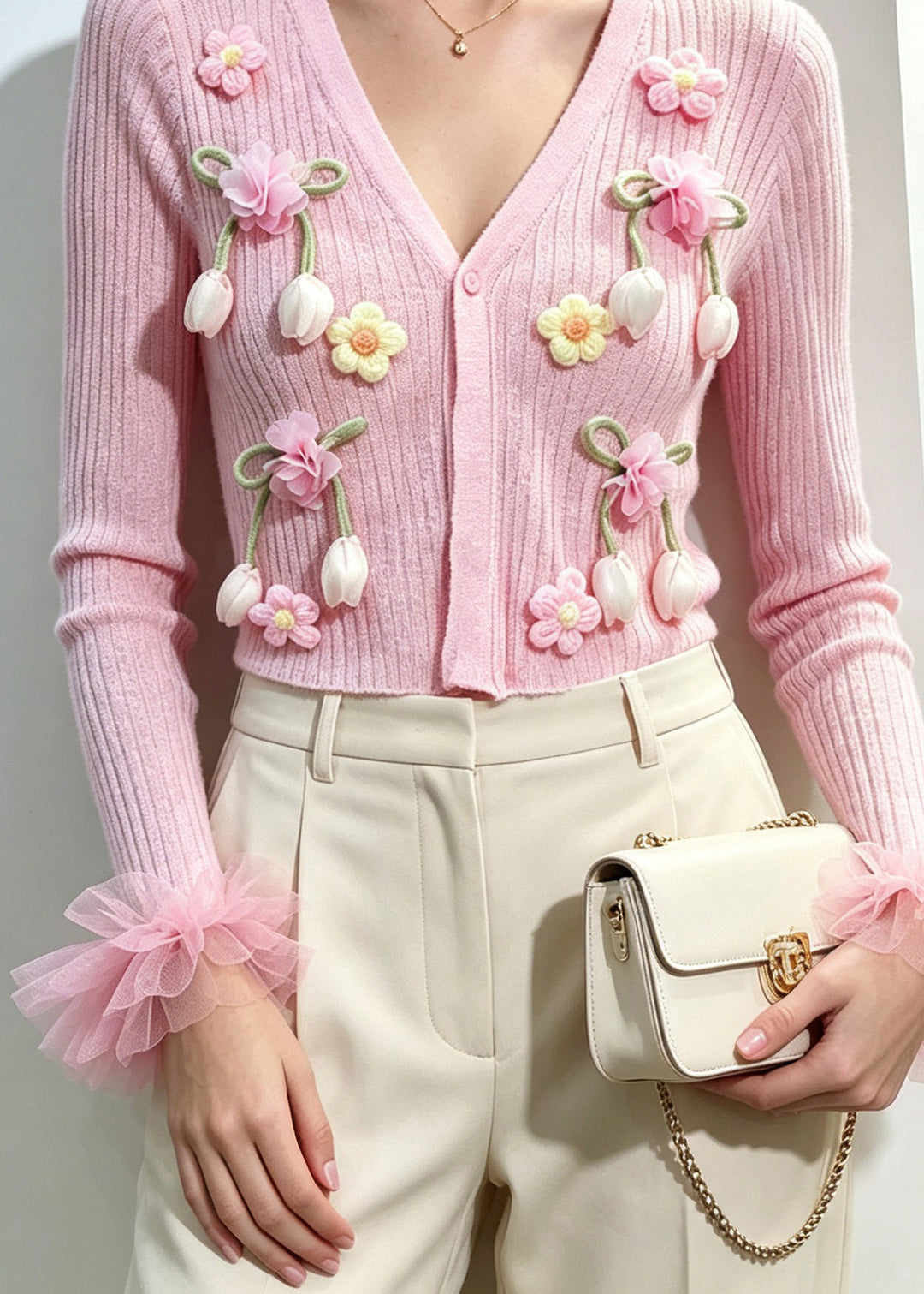 Beautiful Pink V Neck Sculptural Floral Tulle Cuffs Knit Cardigan Fall