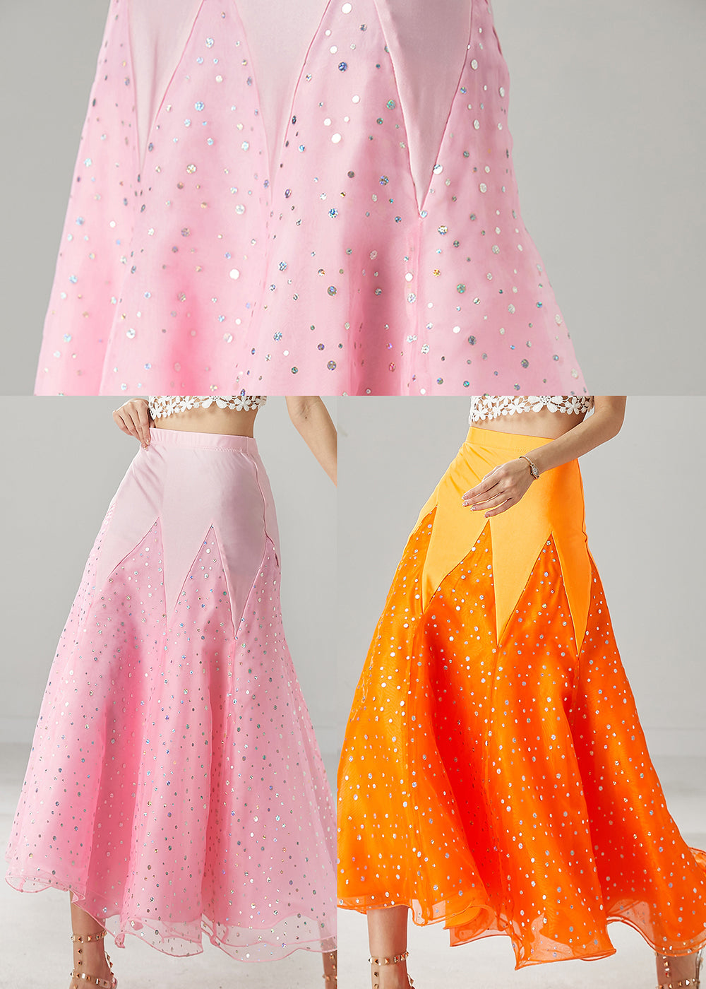 Beautiful Pink Zircon Patchwork Tulle Dance Skirt Spring