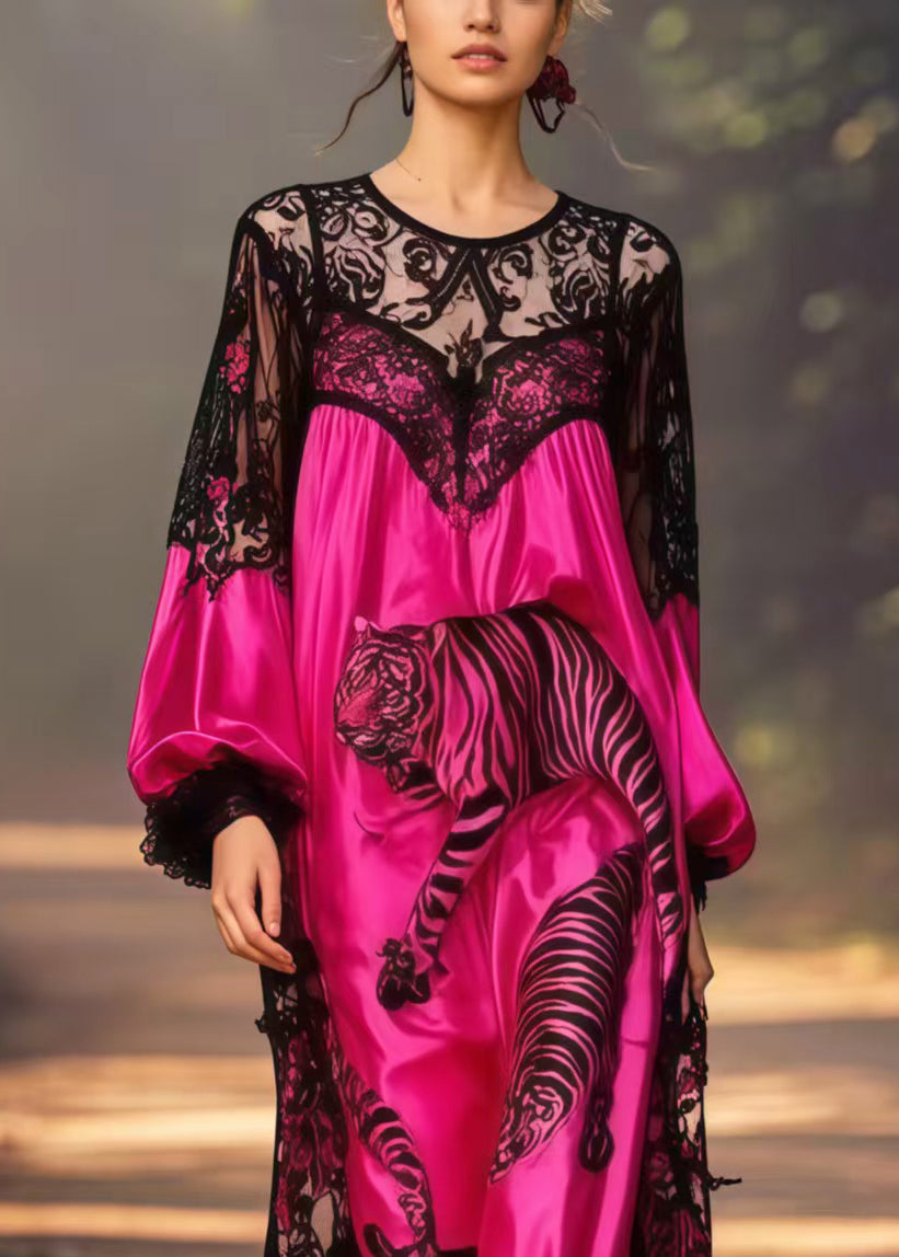Beautiful Pitaya Print Patchwork Lace Long Dresses Spring