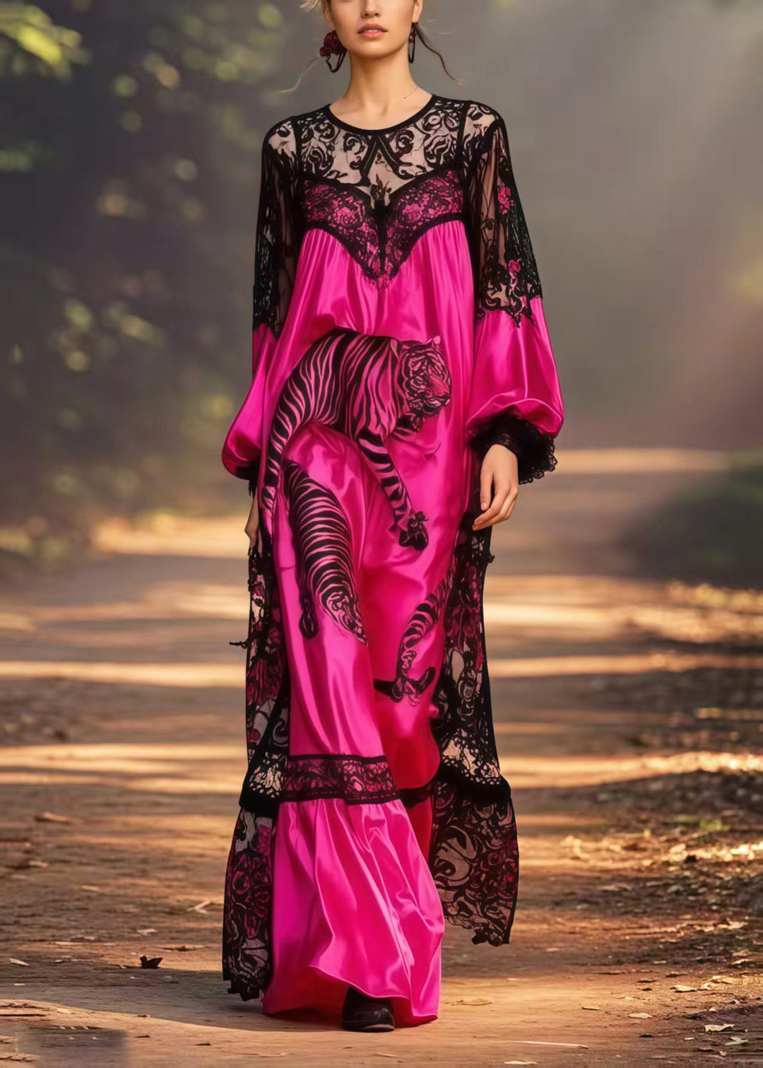Beautiful Pitaya Print Patchwork Lace Long Dresses Spring