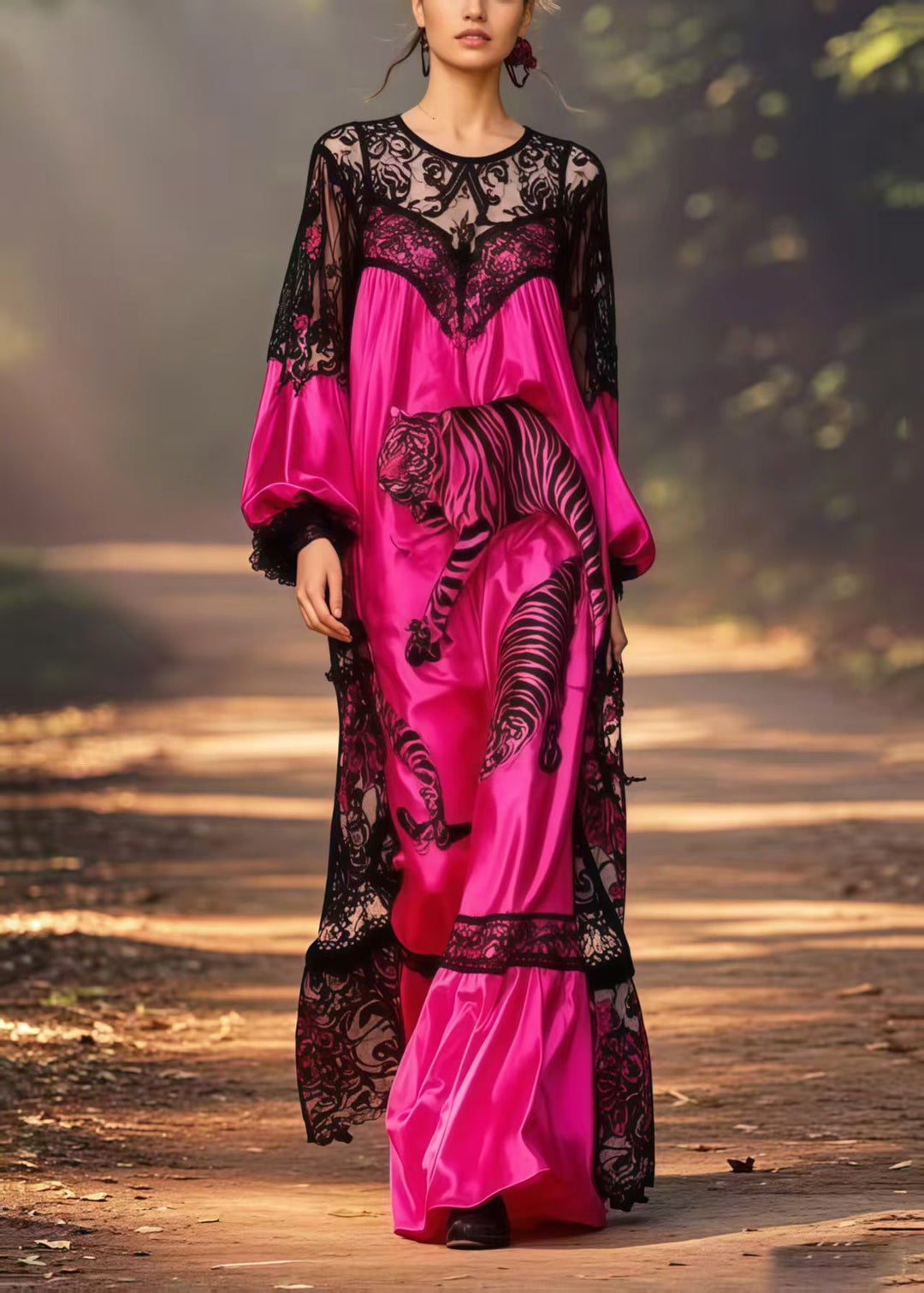 Beautiful Pitaya Print Patchwork Lace Long Dresses Spring