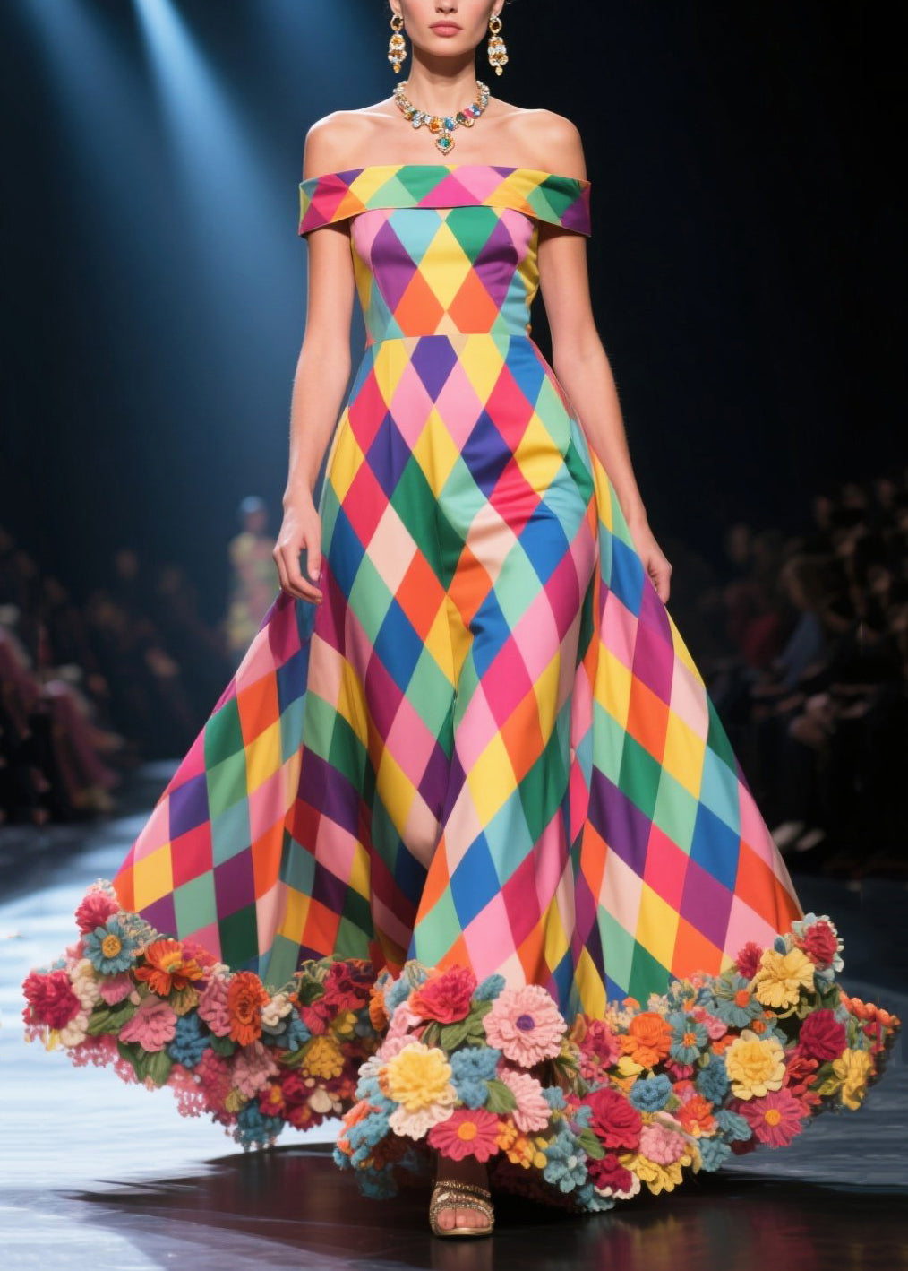 Beautiful Polychrome Plaid Three-dimensional Flower Silk Strapless Dress Summer