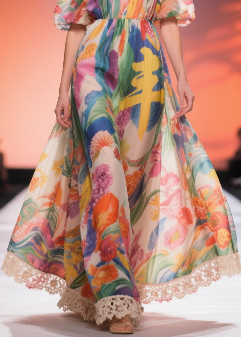 Beautiful Print Chiffon Long Dress Cold Shoulder Summer