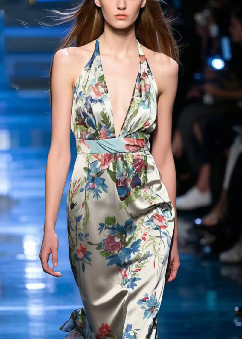 Beautiful Print Silk Silm Fit Halter Dress Summer