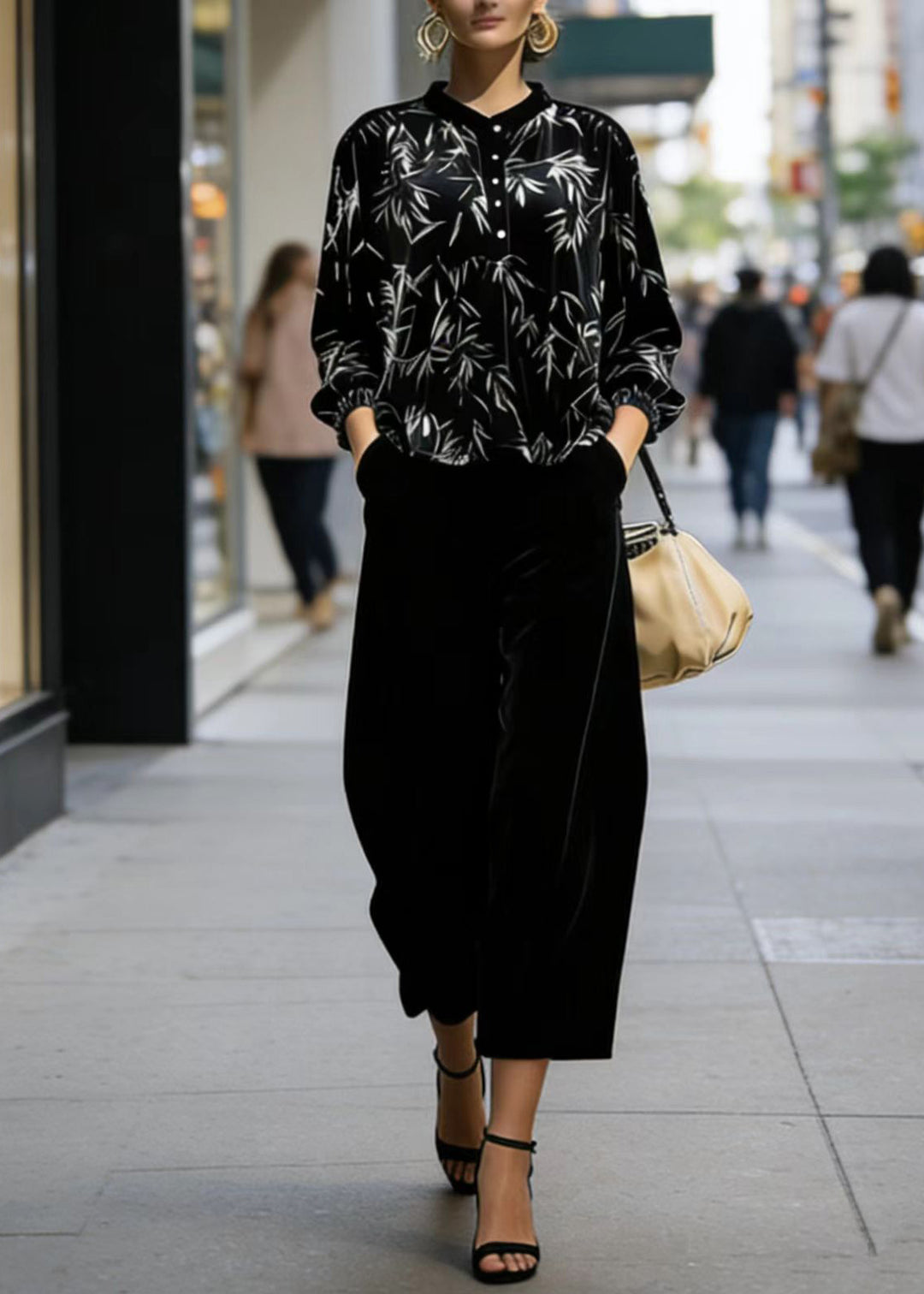 Beautiful Print Top And Pants Velvet Two Pieces Set Spring