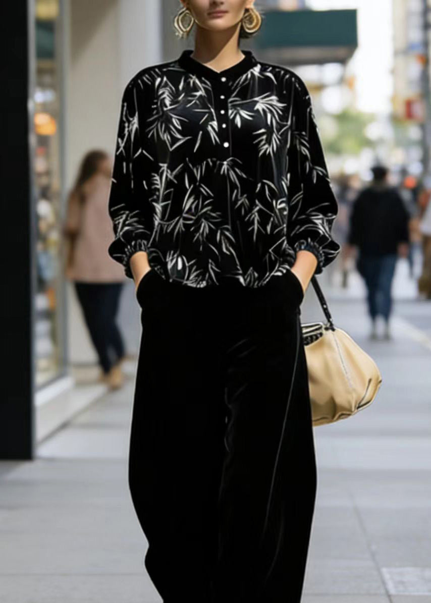 Beautiful Print Top And Pants Velvet Two Pieces Set Spring