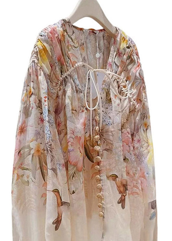 Beautiful Print Wrinkled Tie Linen Shirts Spring