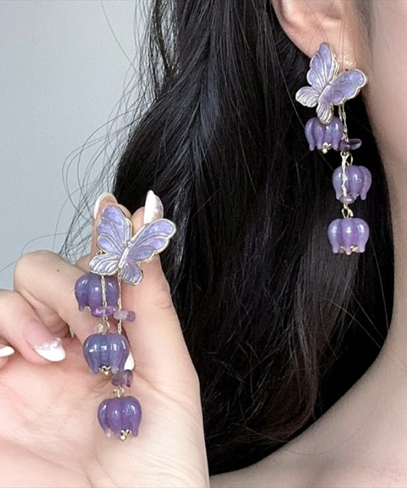 Beautiful Purple Alloy Ringflower Butterfly Tassel Drop Earrings