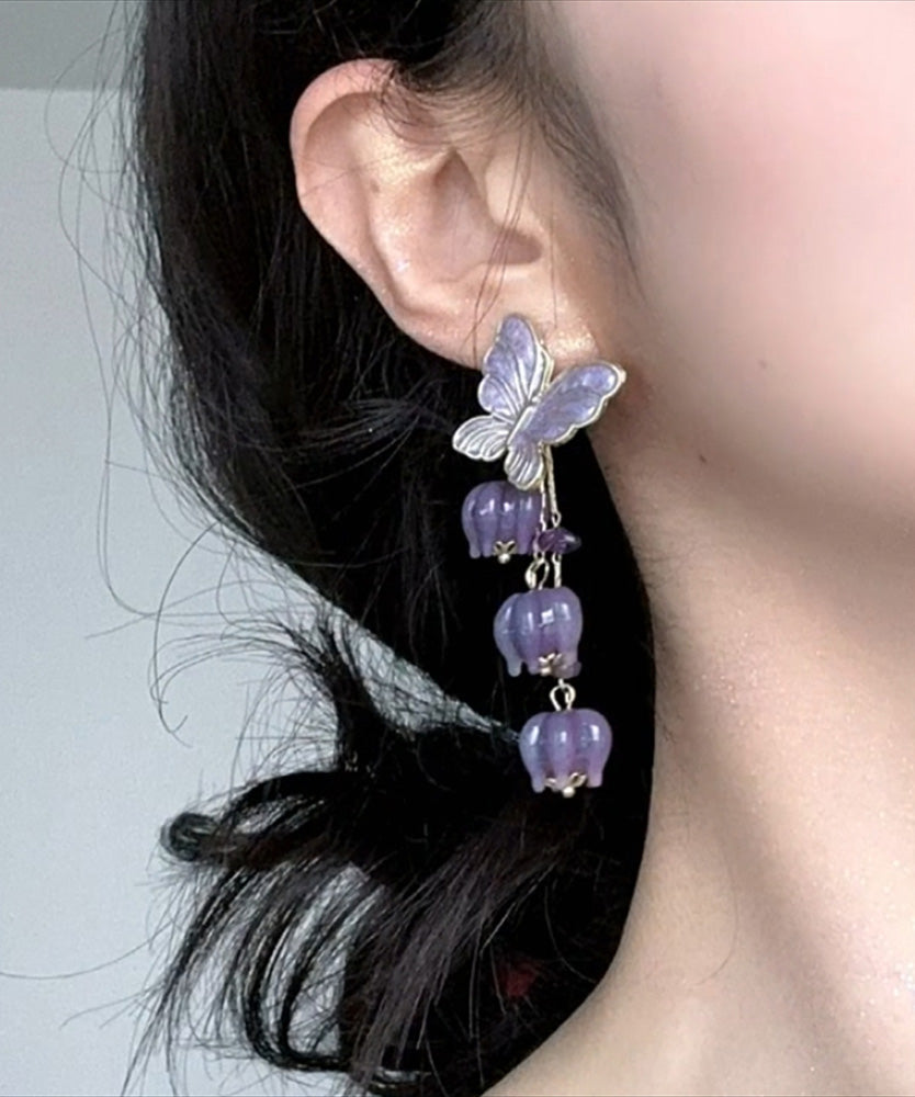 Beautiful Purple Alloy Ringflower Butterfly Tassel Drop Earrings