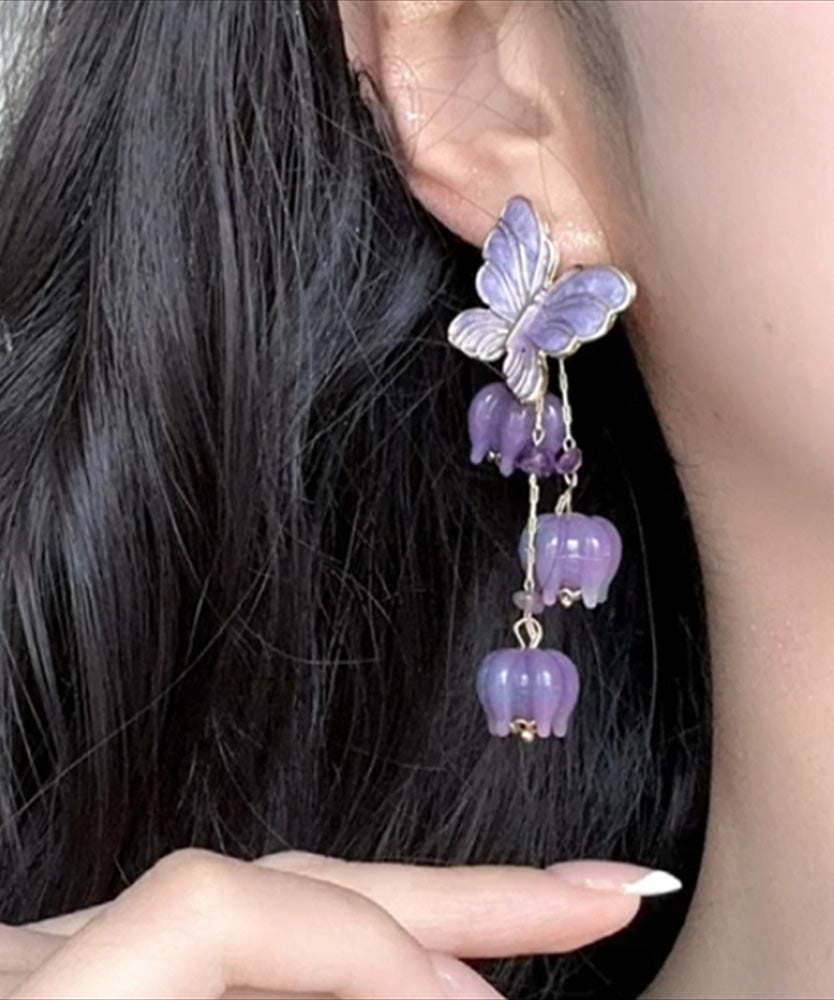 Beautiful Purple Alloy Ringflower Butterfly Tassel Drop Earrings