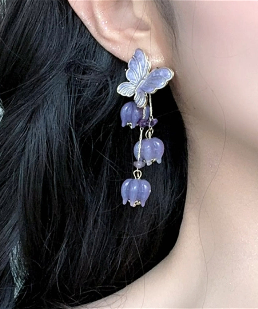 Beautiful Purple Alloy Ringflower Butterfly Tassel Drop Earrings