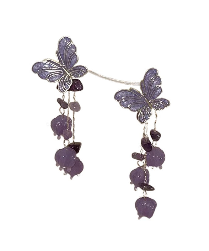 Beautiful Purple Alloy Ringflower Butterfly Tassel Drop Earrings