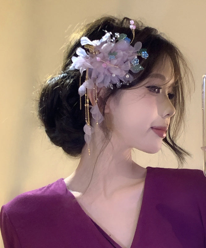 Beautiful Purple Alloy Tulle Floral Tassel Hairpin