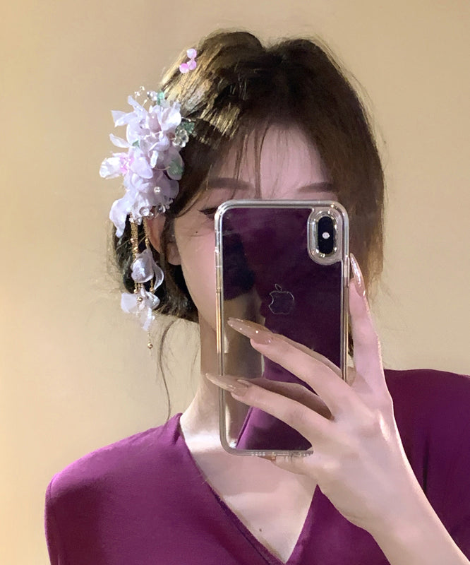 Beautiful Purple Alloy Tulle Floral Tassel Hairpin