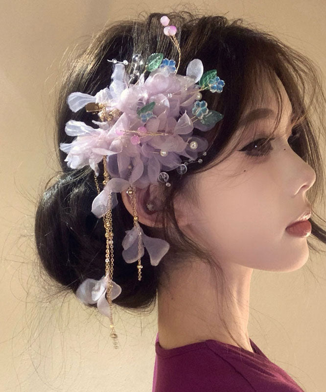 Beautiful Purple Alloy Tulle Floral Tassel Hairpin