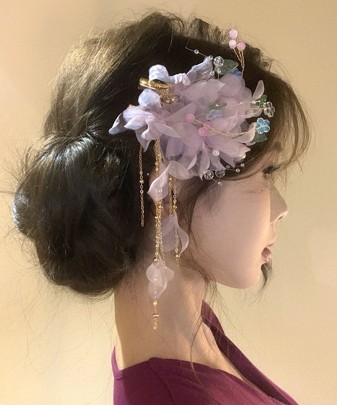 Beautiful Purple Alloy Tulle Floral Tassel Hairpin