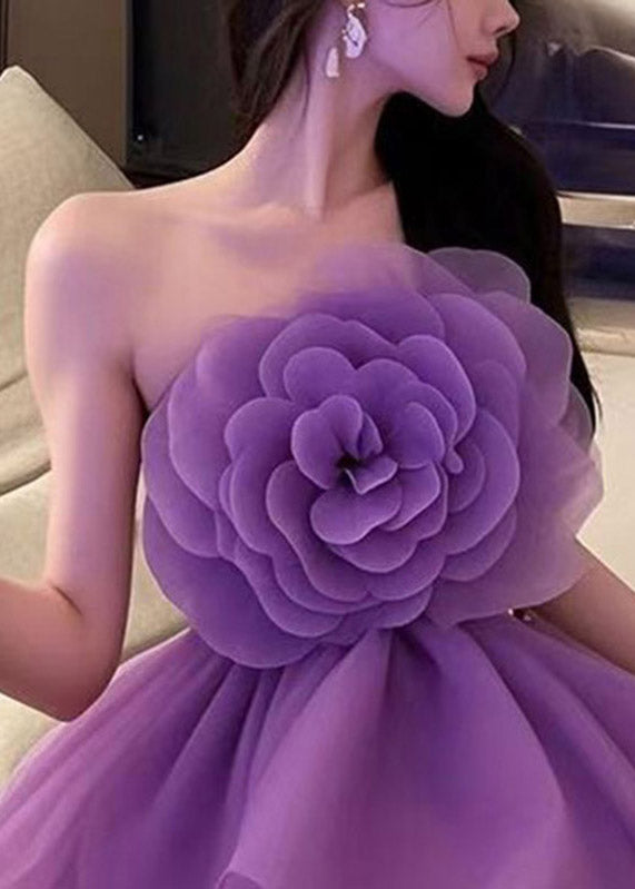 Beautiful Purple Cold Shoulder Floral Tulle Mid Dresses Summer