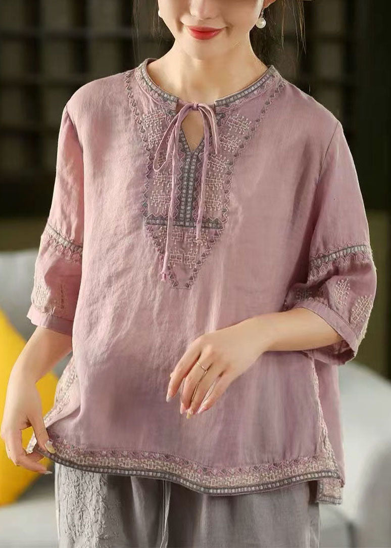 Beautiful Purple Embroidered Linen Shirt Top Summer