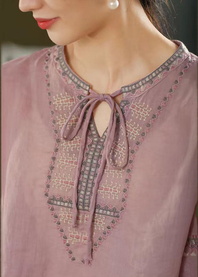 Beautiful Purple Embroidered Linen Shirt Top Summer