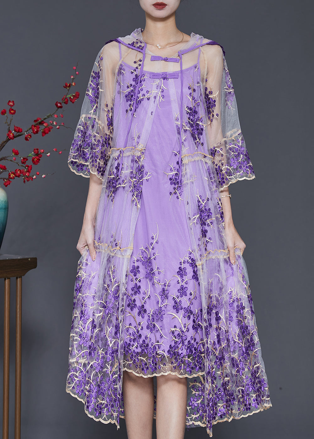 Beautiful Purple Embroidered Tulle Dress Two Pieces Set Summer