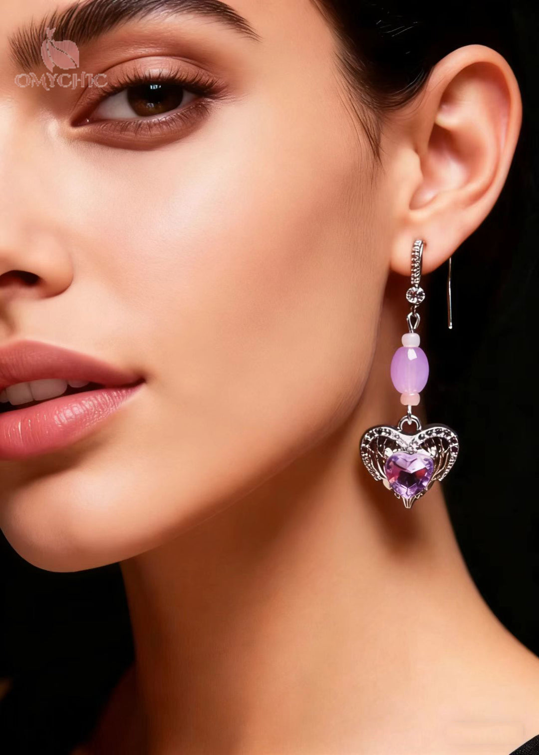Beautiful Purple Heart-shaped Gem Stone Drop Earrings