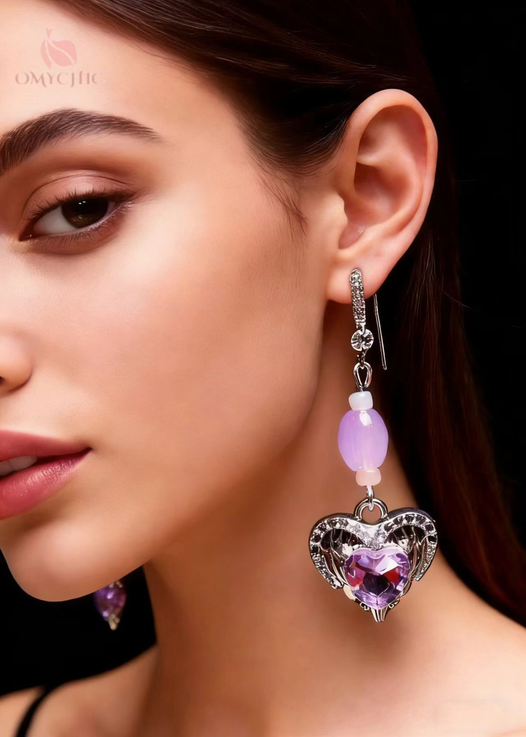 Beautiful Purple Heart-shaped Gem Stone Drop Earrings
