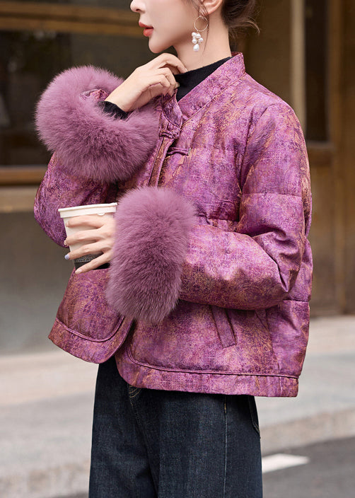 Beautiful Purple Jacquard Patchwork Fox Fur Duck Down Jackets Winter
