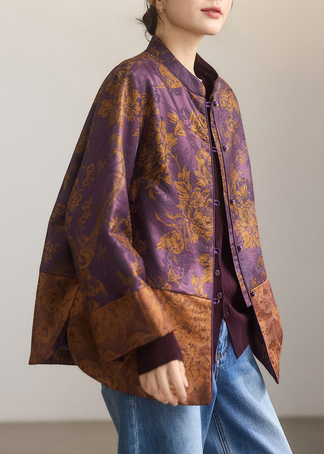Beautiful Purple Mandarin Collar Jacquard Silk Coats Fall