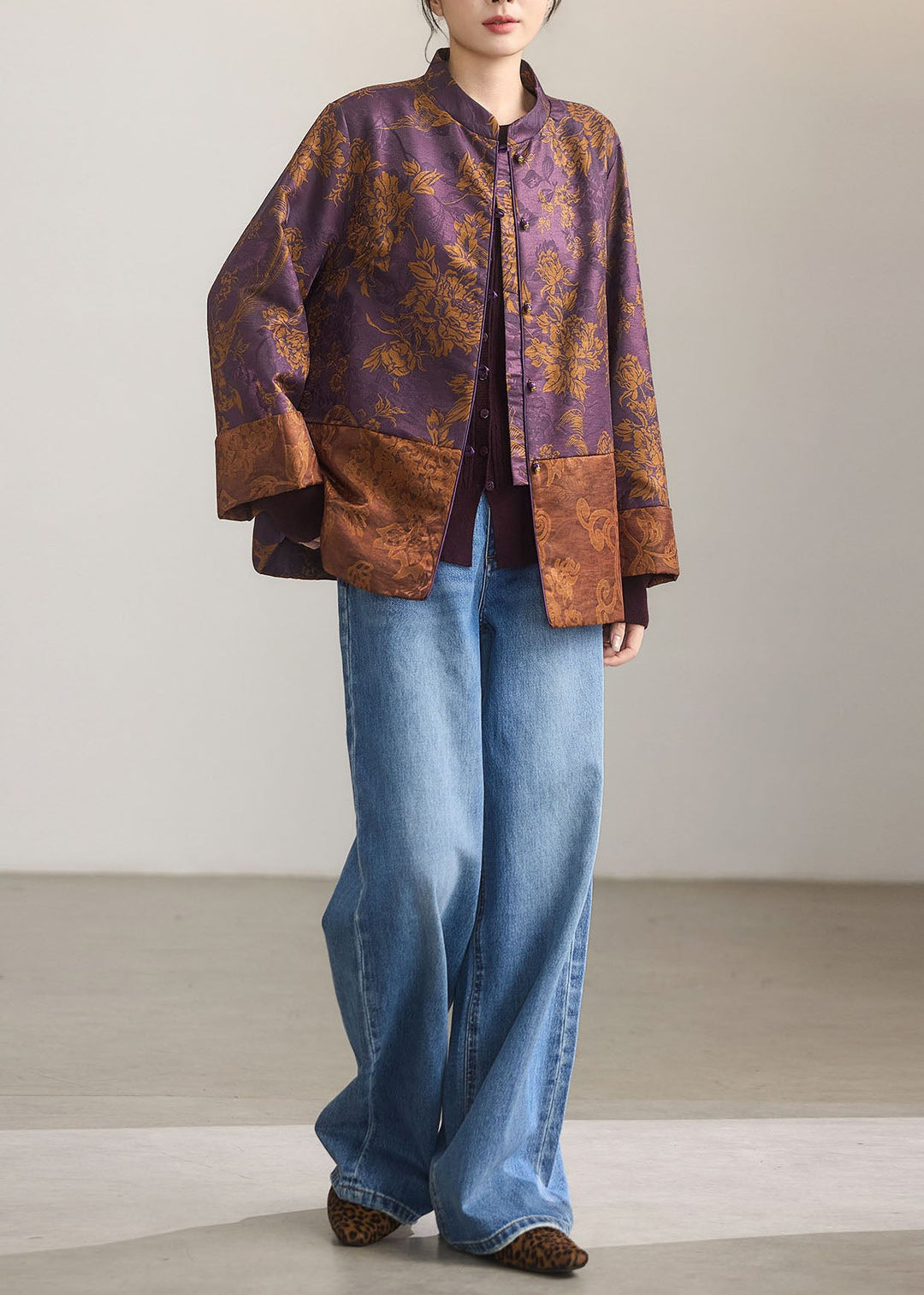 Beautiful Purple Mandarin Collar Jacquard Silk Coats Fall