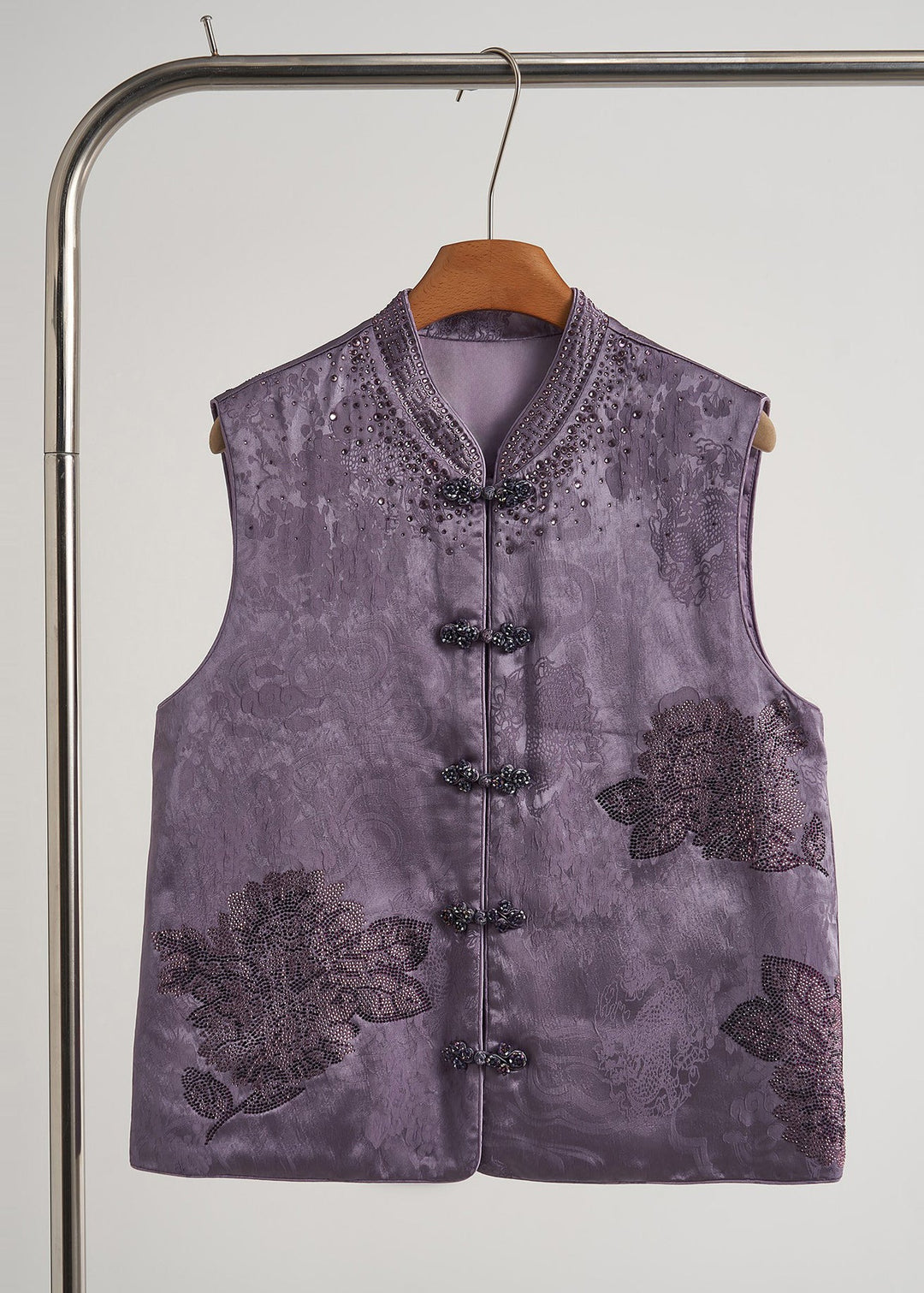 Beautiful Purple Mandarin Collar Rhinestone Silk Velvet Vests Fall