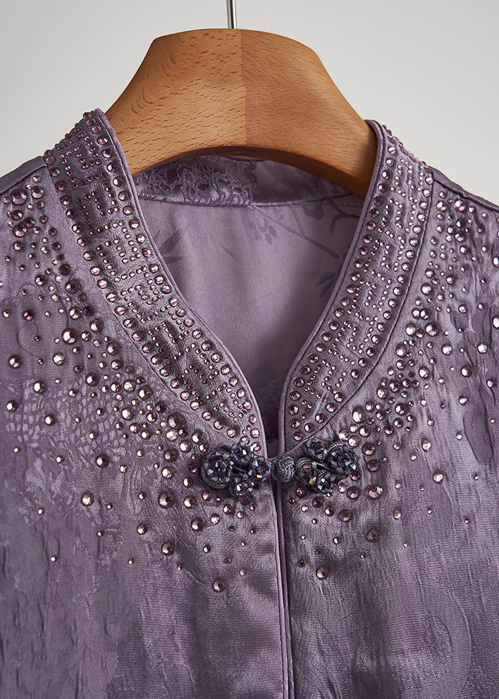 Beautiful Purple Mandarin Collar Rhinestone Silk Velvet Vests Fall