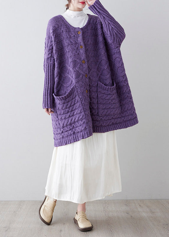 Beautiful Purple O Neck Pockets Patchwork Knit Sweater Coat Fall