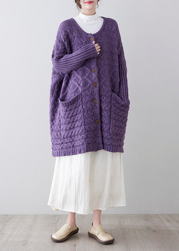 Beautiful Purple O Neck Pockets Patchwork Knit Sweater Coat Fall