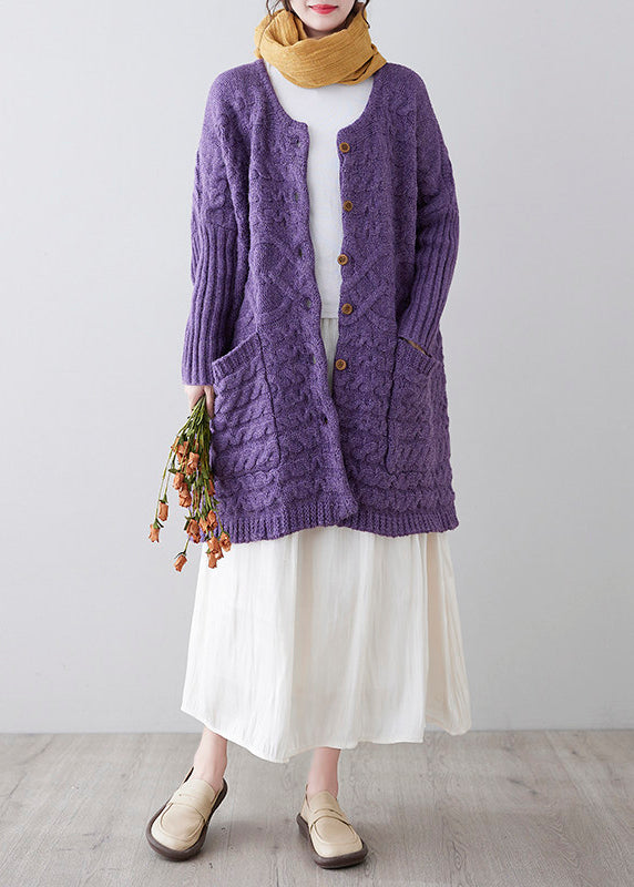 Beautiful Purple O Neck Pockets Patchwork Knit Sweater Coat Fall