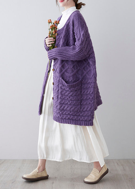 Beautiful Purple O Neck Pockets Patchwork Knit Sweater Coat Fall