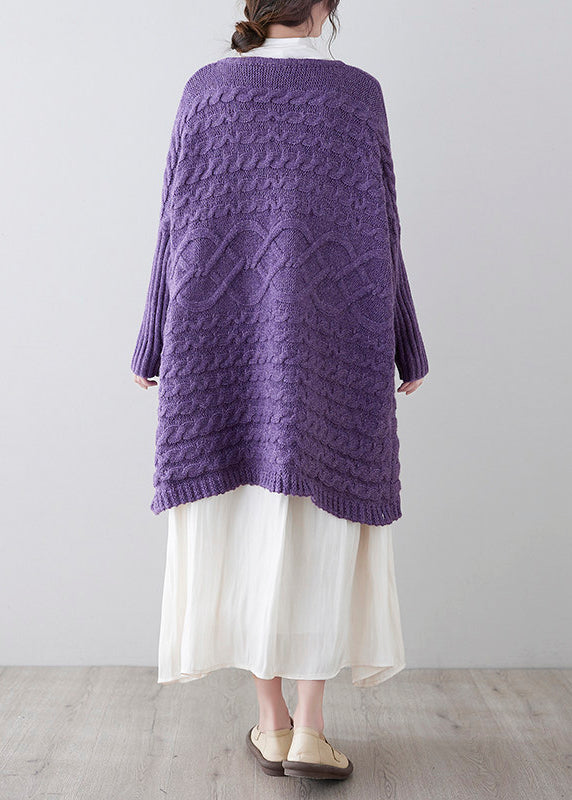 Beautiful Purple O Neck Pockets Patchwork Knit Sweater Coat Fall