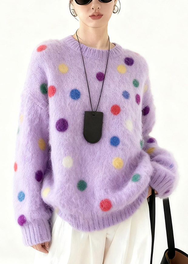 Beautiful Purple Oversized Multicolour Dots Knit Sweater Tops Winter