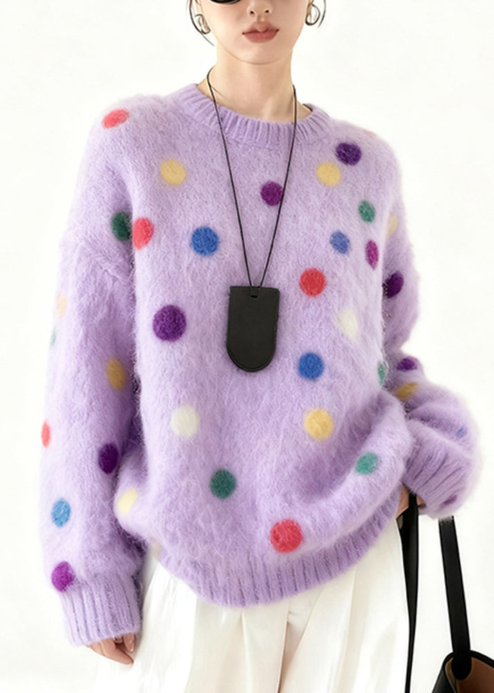 Beautiful Purple Oversized Multicolour Dots Knit Sweater Tops Winter