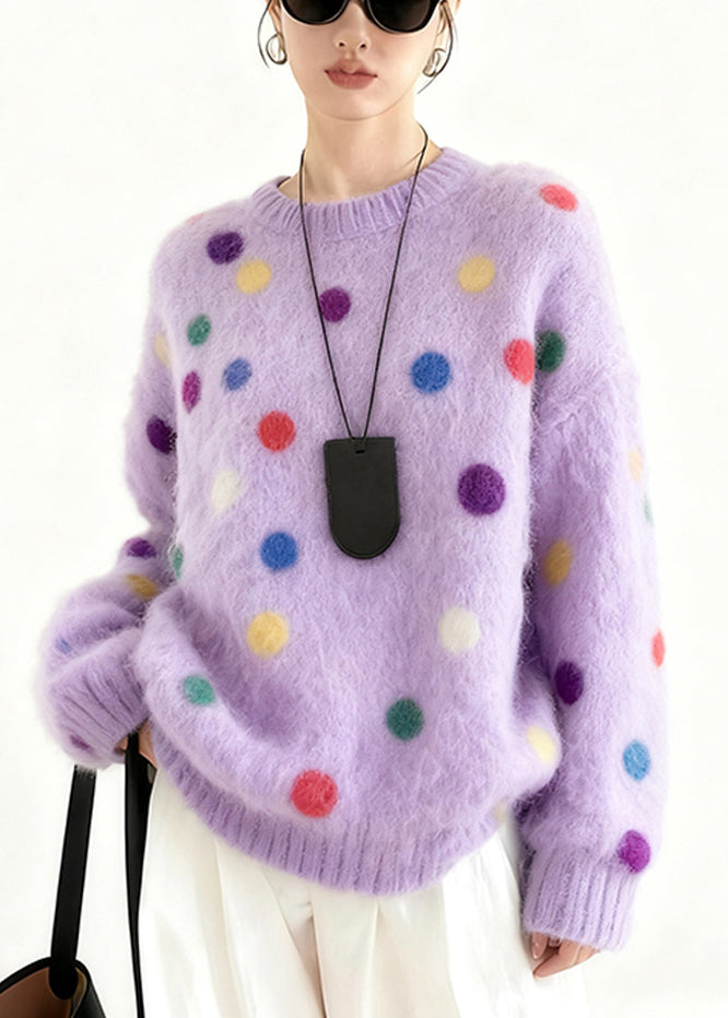 Beautiful Purple Oversized Multicolour Dots Knit Sweater Tops Winter