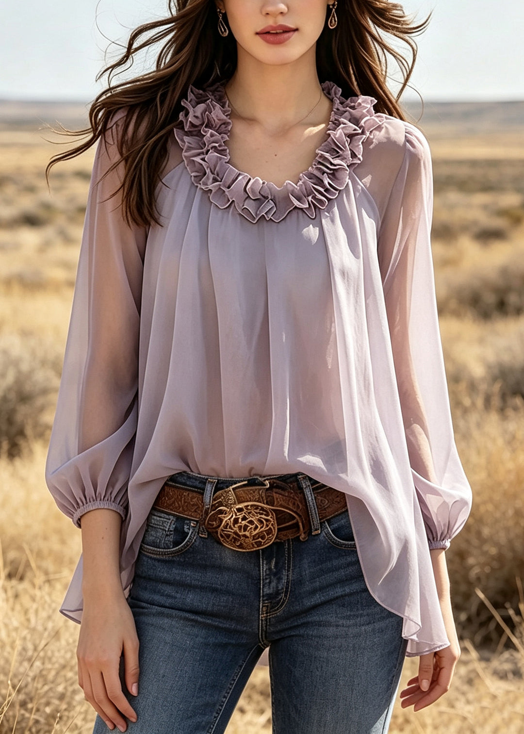 Beautiful Purple Ruffled Chiffon Shirts Summer