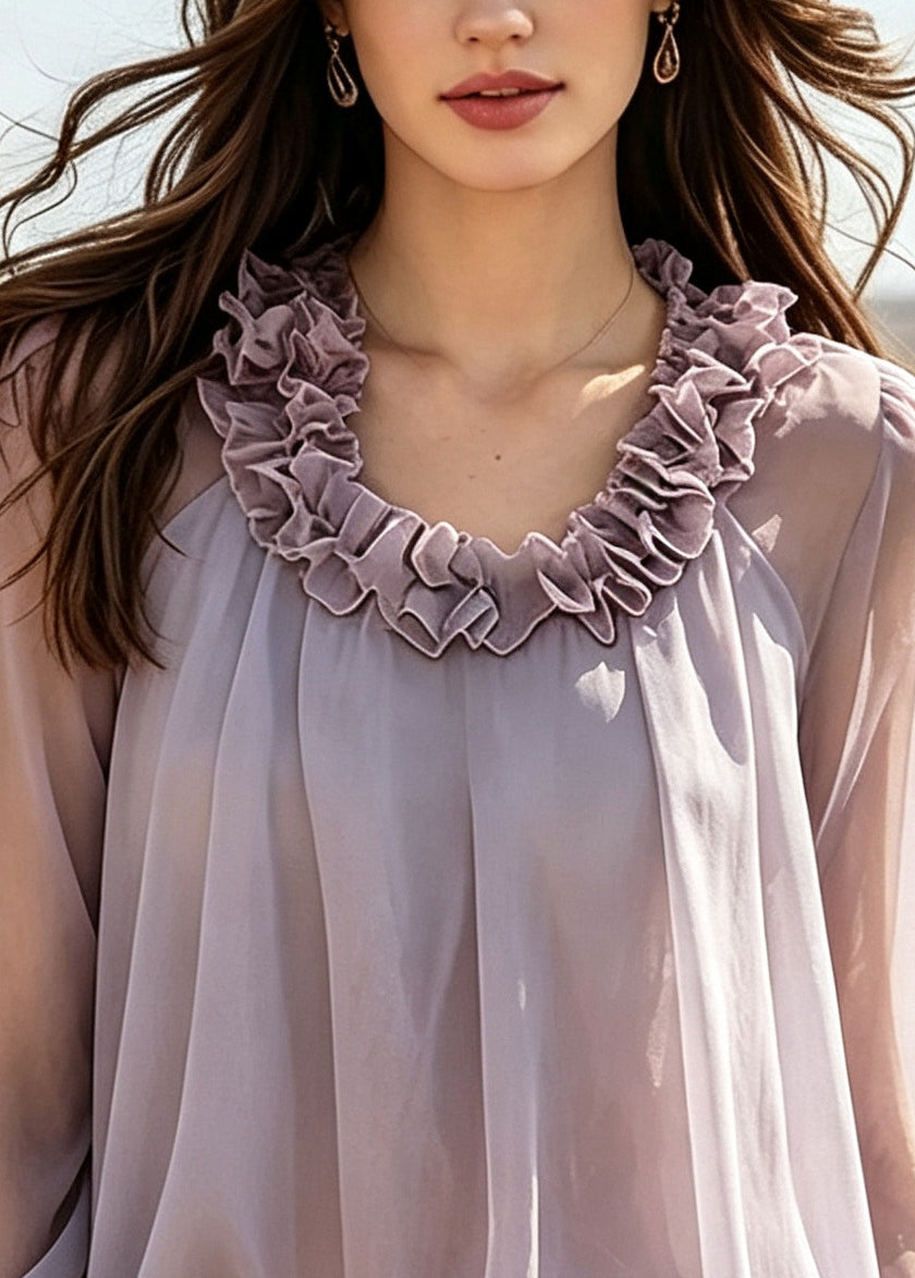 Beautiful Purple Ruffled Chiffon Shirts Summer