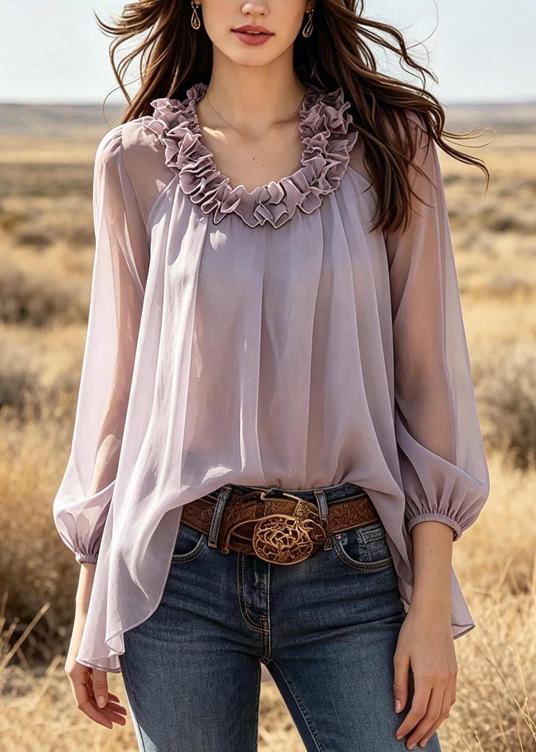 Beautiful Purple Ruffled Chiffon Shirts Summer